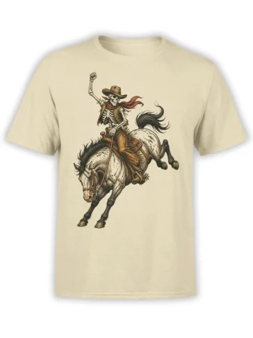 Beige T-shirt with vintage skeleton cowboy riding a bucking horse in detailed western artwork
