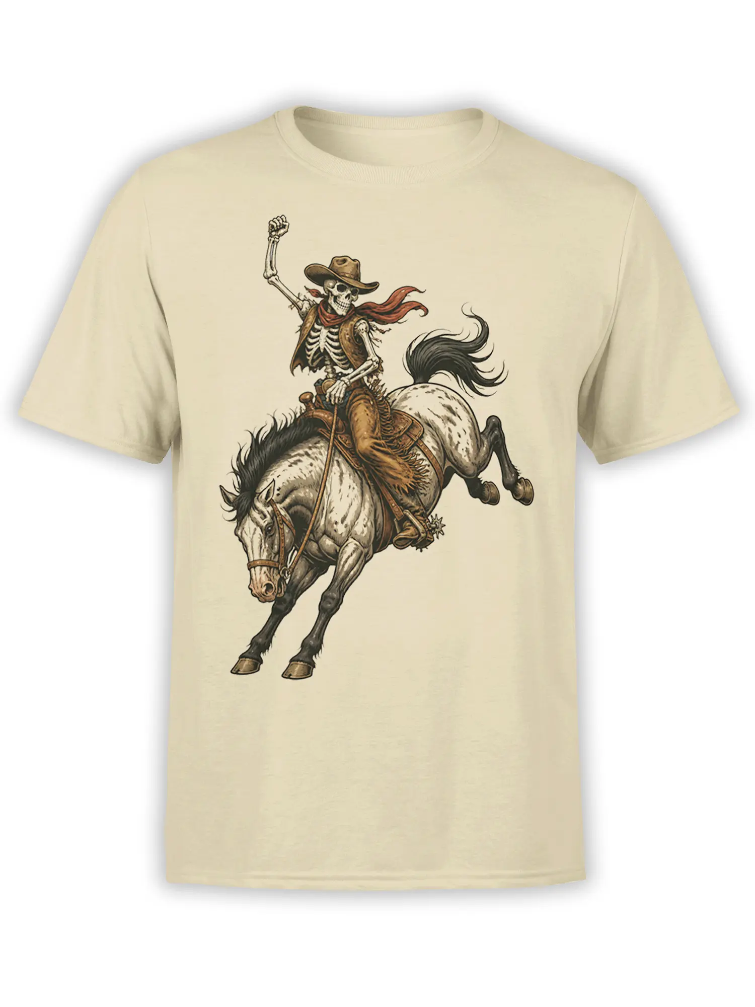 Beige T-shirt with vintage skeleton cowboy riding a bucking horse in detailed western artwork