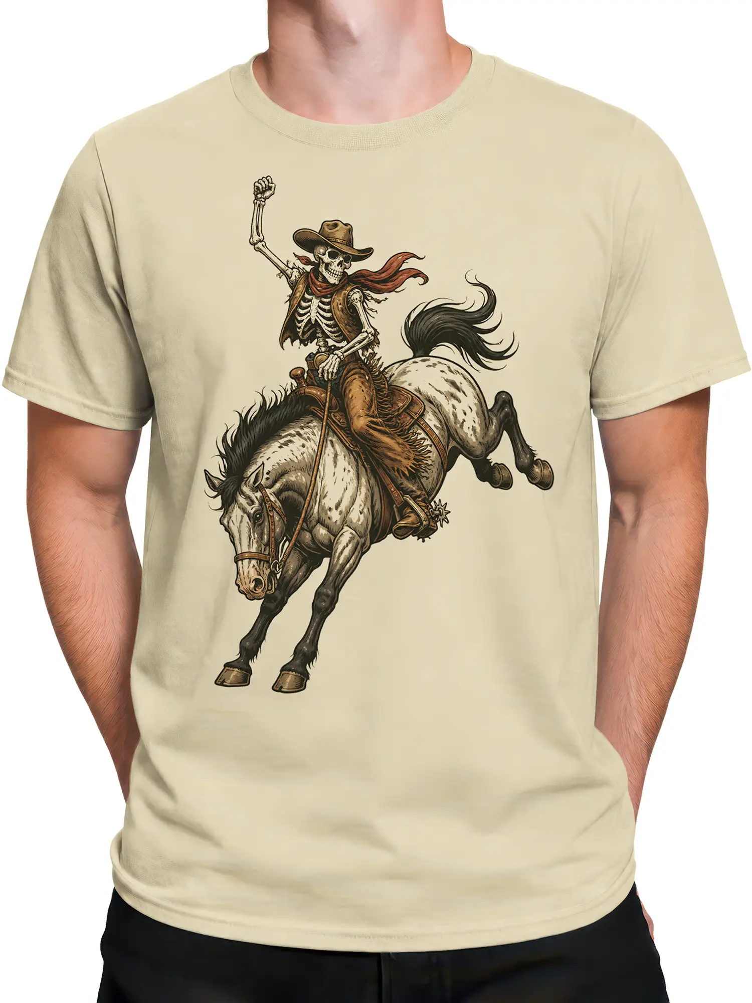 Male torso wearing beige skeleton cowboy T-shirt with bucking horse graphic