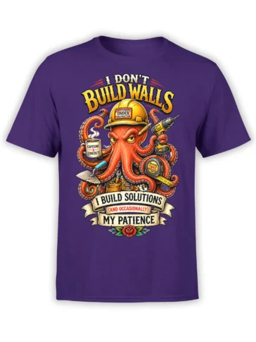 Purple T-shirt featuring a funny octopus contractor with a hard hat, tools, coffee, and bold construction slogans