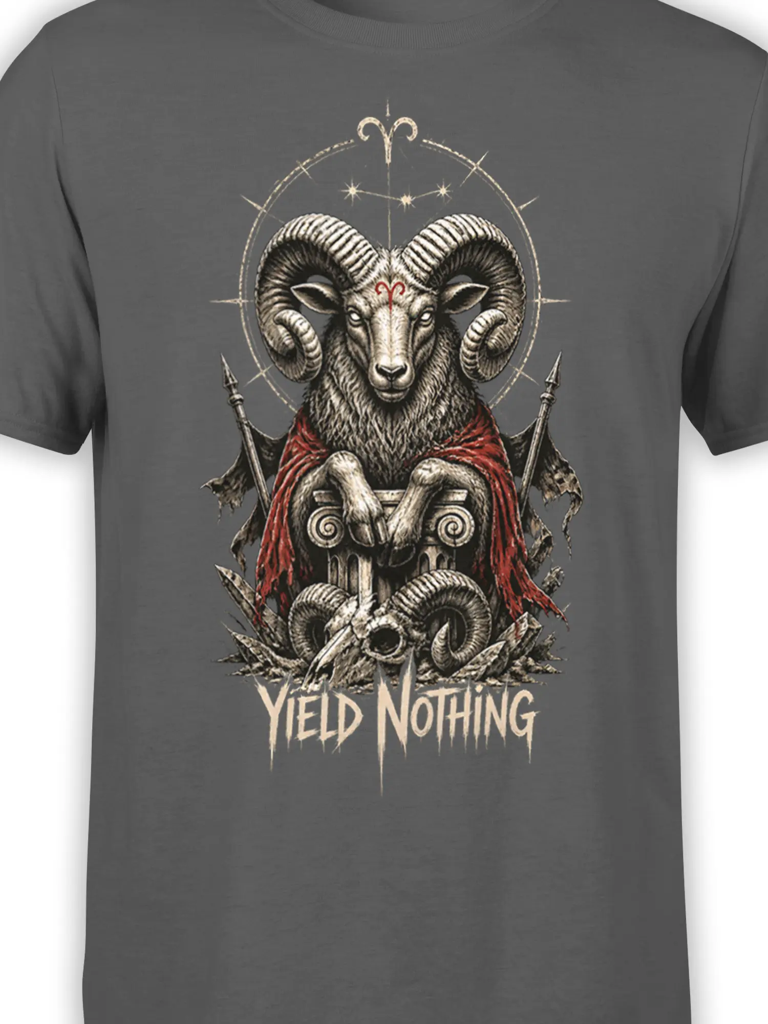 Close-up of horned ram throne artwork with red cloak and Aries symbol on a gray T-shirt