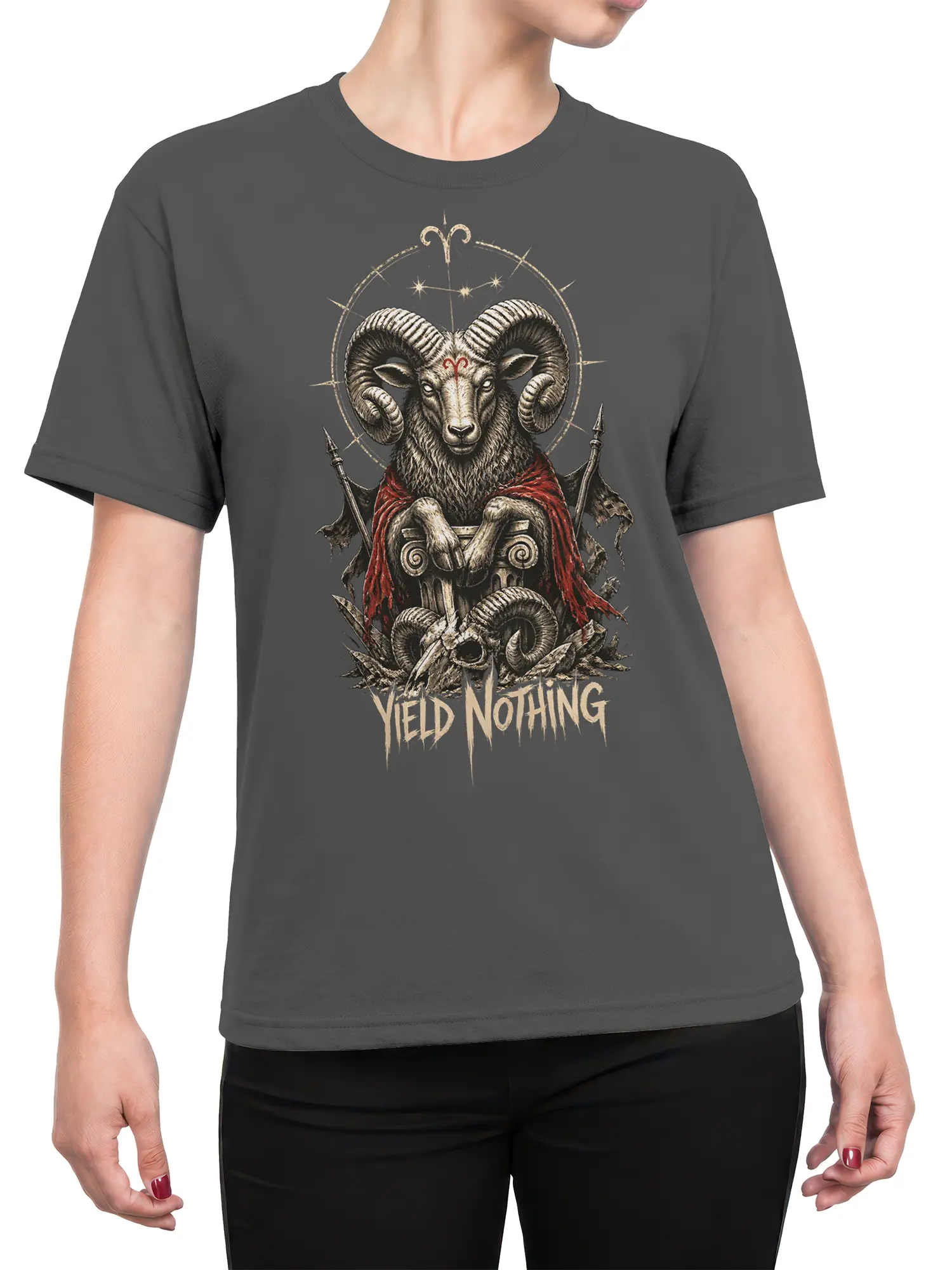 Female torso wearing a gray T-shirt with horned ram throne fantasy artwork and “Yield Nothing” text