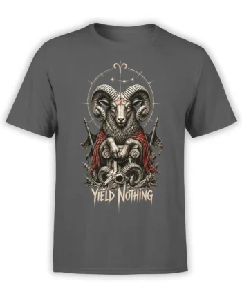 Gray T-shirt featuring a horned ram on a throne, red cloak, Aries symbol, and “Yield Nothing” lettering