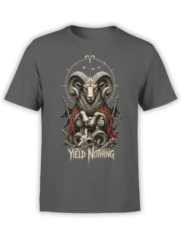 Gray T-shirt featuring a horned ram on a throne, red cloak, Aries symbol, and “Yield Nothing” lettering