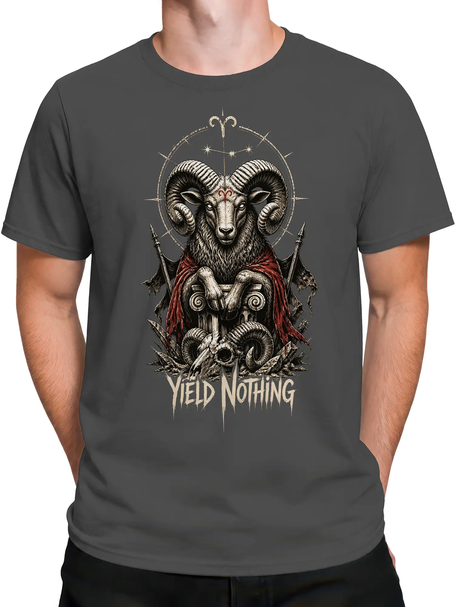 Male torso wearing a gray T-shirt with horned ram throne fantasy artwork and Aries symbol