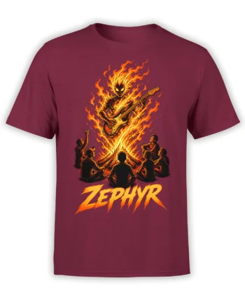 Fiery guitarist playing electric guitar above a campfire crowd on a burgundy rock music T-shirt