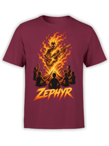 Fiery guitarist playing electric guitar above a campfire crowd on a burgundy rock music T-shirt