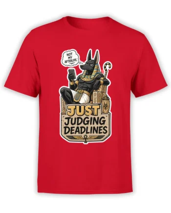 Red T-shirt with an Anubis-inspired jackal figure holding a phone above a sarcastic deadline slogan