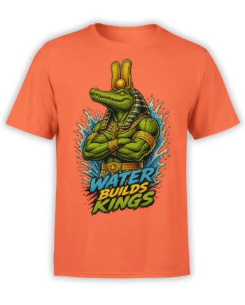 Orange T-shirt with a green Egyptian crocodile king, water splash, and “Water Builds Kings” graphic