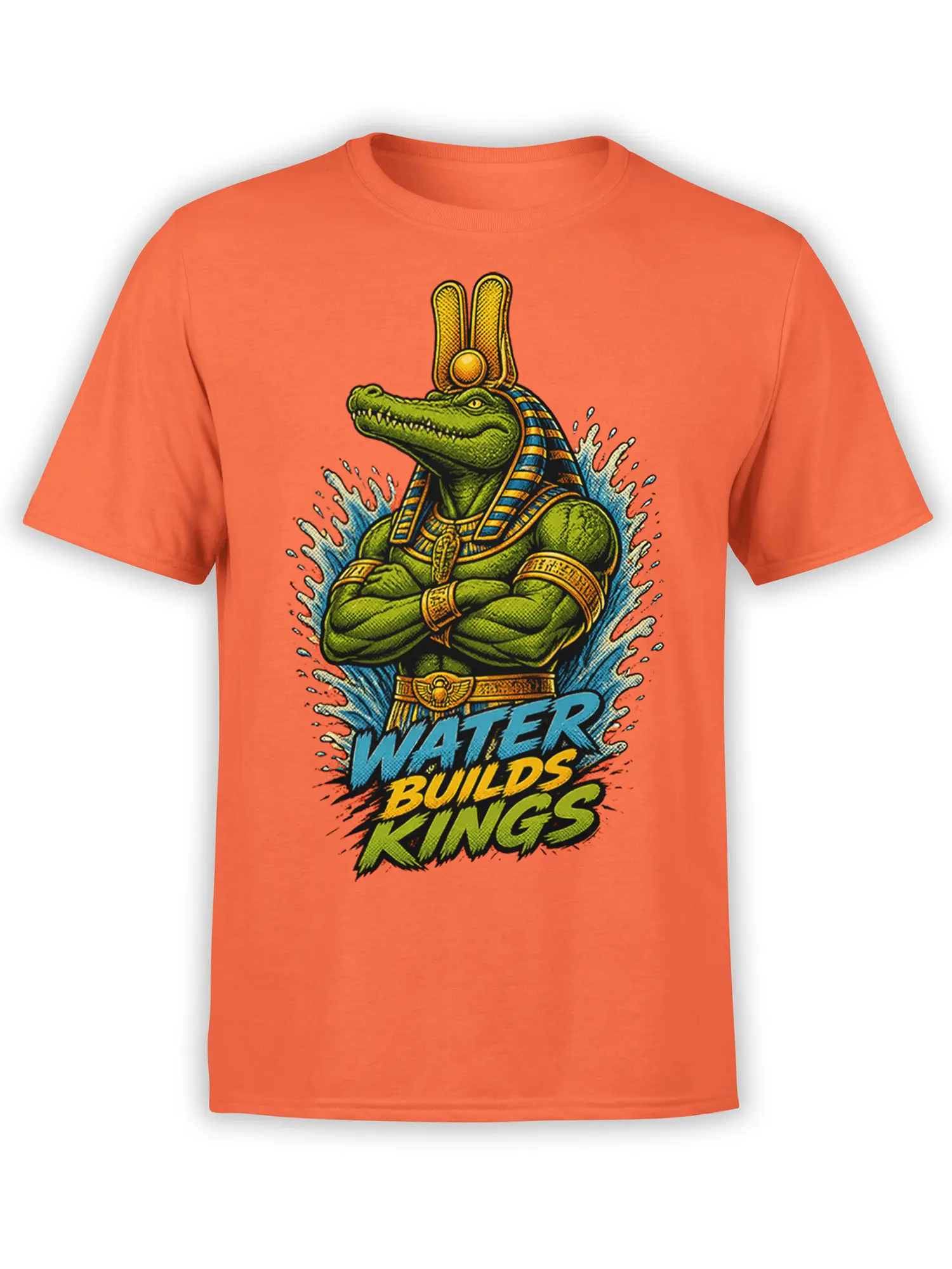 Orange T-shirt with a green Egyptian crocodile king, water splash, and “Water Builds Kings” graphic