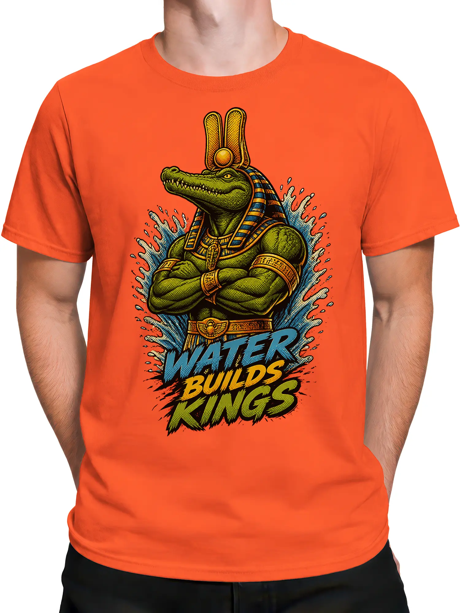 Male torso wearing an orange crocodile king T-shirt with Egyptian artwork and water-themed lettering