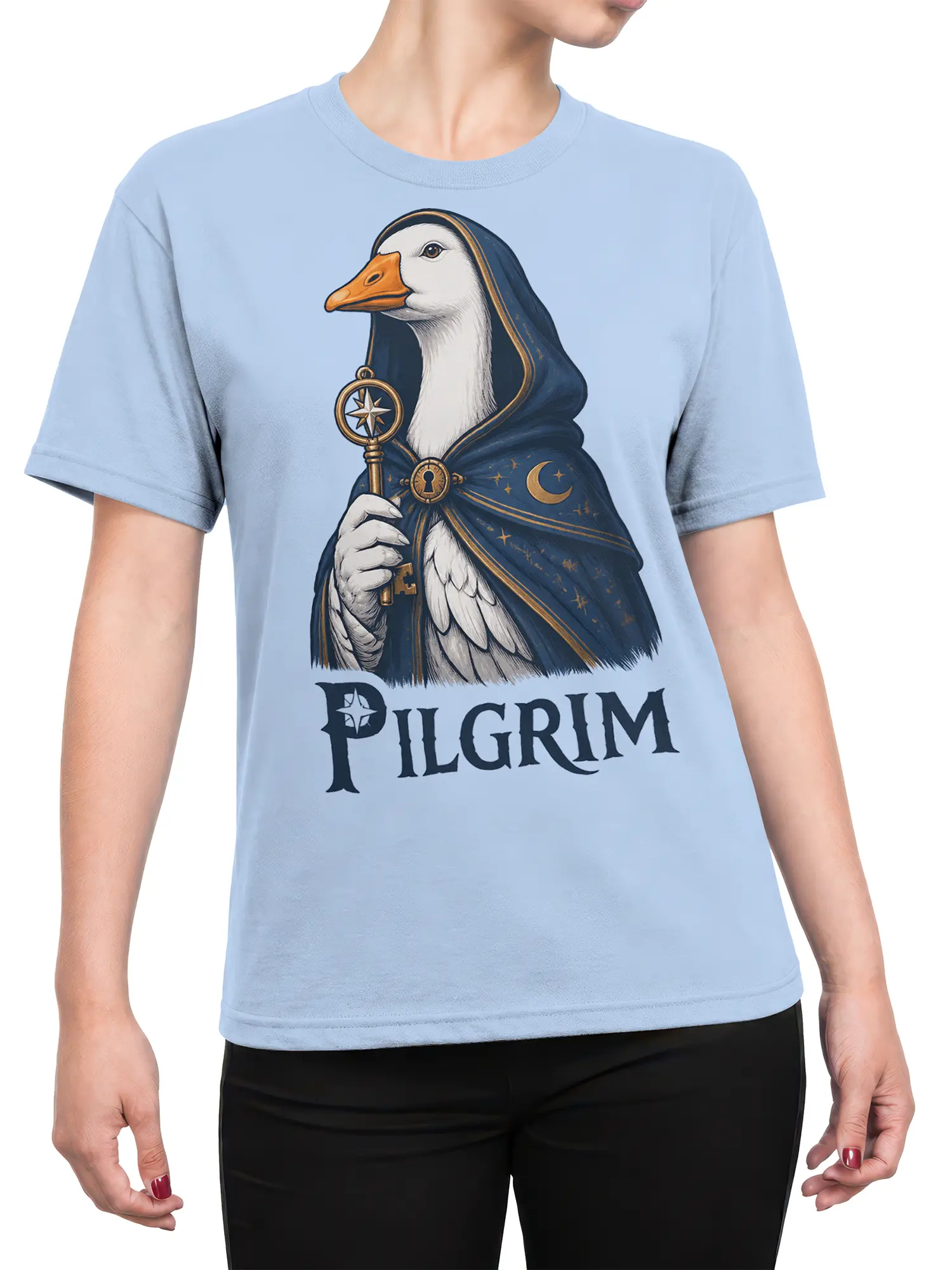 Female torso wearing a light blue pilgrim bird T-shirt with a compass, key, moon, and starry cloak design