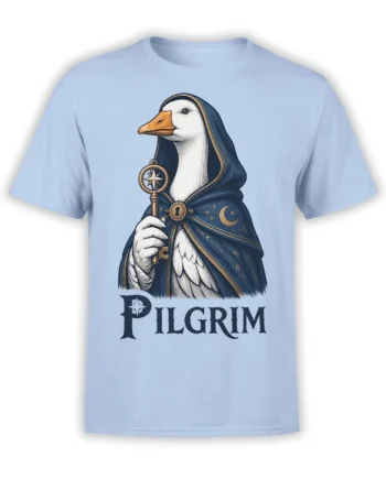 Light blue T-shirt with a cloaked pilgrim bird holding a compass and key under a moonlit sky
