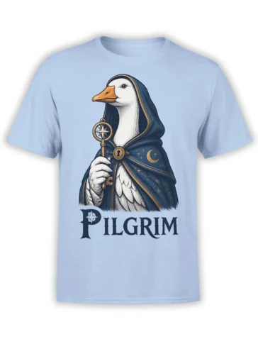 Light blue T-shirt with a cloaked pilgrim bird holding a compass and key under a moonlit sky