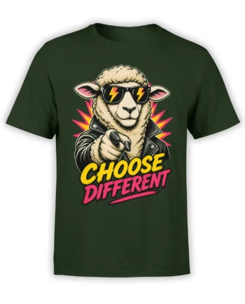 Rebel sheep in sunglasses and leather jacket on a dark green Choose Different graphic T-shirt