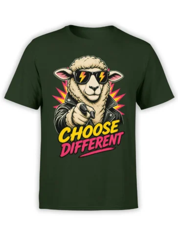 Rebel sheep in sunglasses and leather jacket on a dark green Choose Different graphic T-shirt