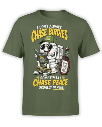 Funny golf ball graphic on a green shirt with birdie jokes, golf clubs, and three-putt humor