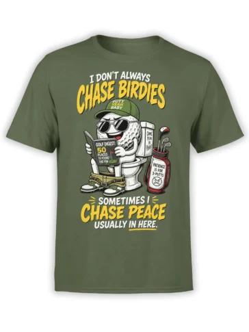 Funny golf ball graphic on a green shirt with birdie jokes, golf clubs, and three-putt humor