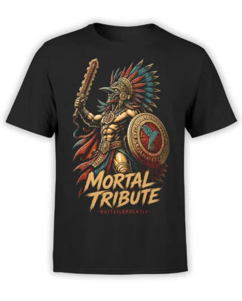 Black T-shirt with an Aztec-inspired feathered warrior, ornate hummingbird shield, and Mortal Tribute lettering