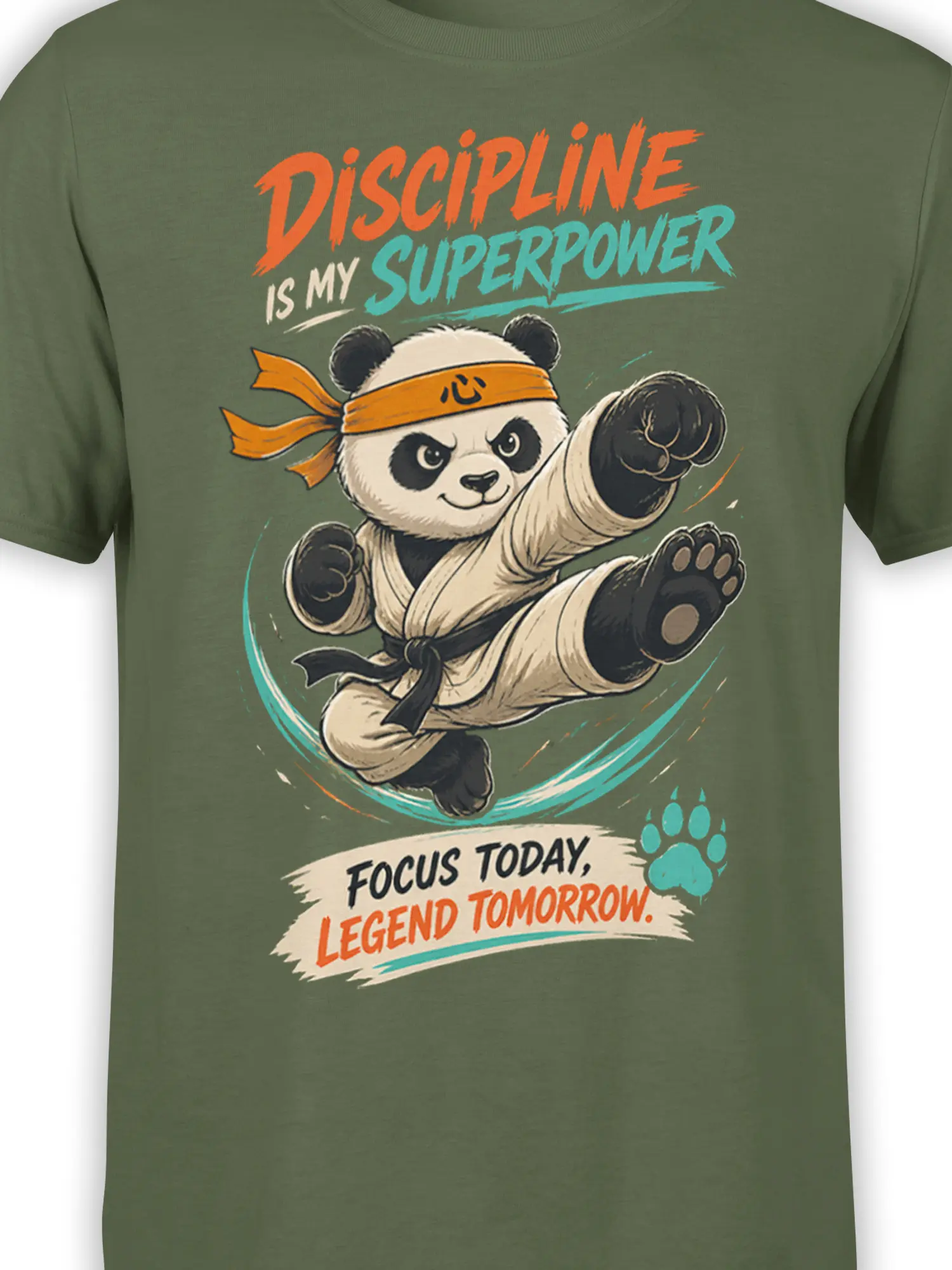 Close-up of martial arts panda artwork and colorful motivational text on a green T-shirt