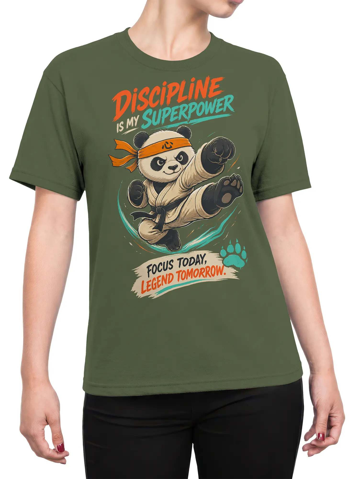Female torso wearing a green T-shirt with a martial arts panda and motivational lettering