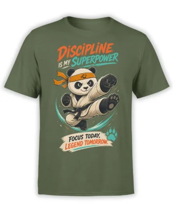 Martial arts panda graphic with motivational lettering on a green T-shirt