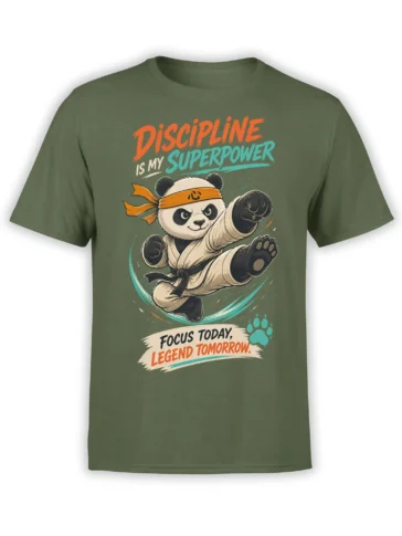 Martial arts panda graphic with motivational lettering on a green T-shirt
