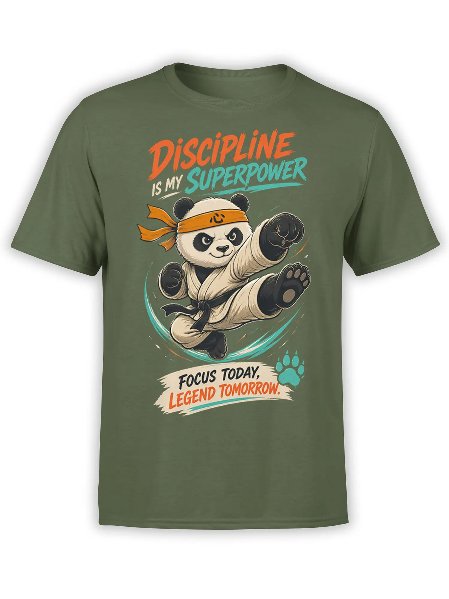 Martial arts panda graphic with motivational lettering on a green T-shirt