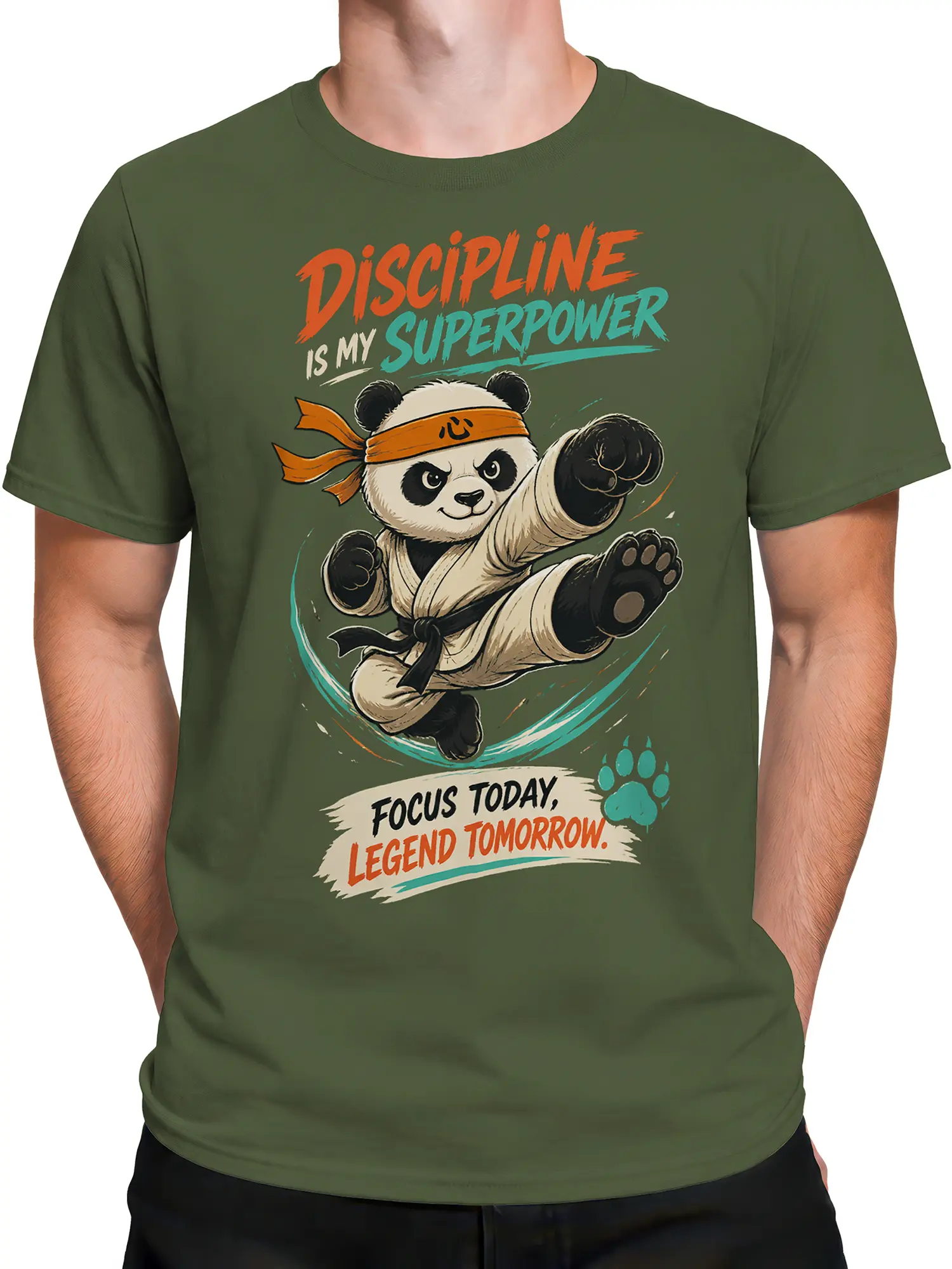 Male torso wearing a green T-shirt with a martial arts panda graphic and quote