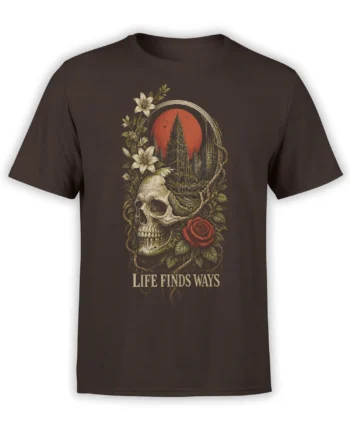 Brown gothic skull t-shirt featuring a castle, red moon, flowers, and the words Life Finds Ways