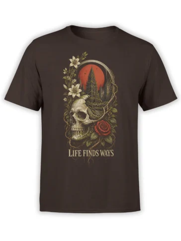 Brown gothic skull t-shirt featuring a castle, red moon, flowers, and the words Life Finds Ways