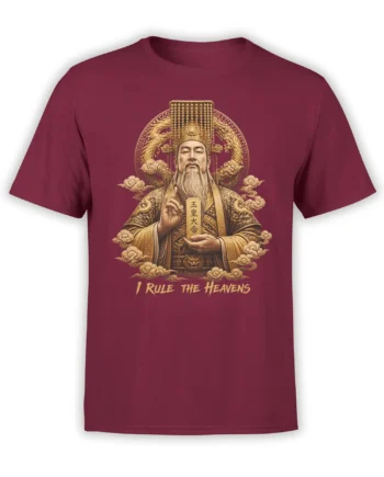 Majestic crowned ruler with dragons and golden clouds on a burgundy mythology T-shirt