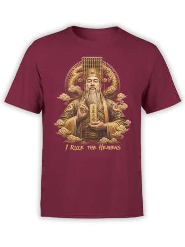 Majestic crowned ruler with dragons and golden clouds on a burgundy mythology T-shirt