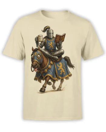 Armored medieval knight riding a decorated brown horse on a beige fantasy graphic T-shirt