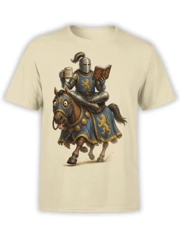 Armored medieval knight riding a decorated brown horse on a beige fantasy graphic T-shirt