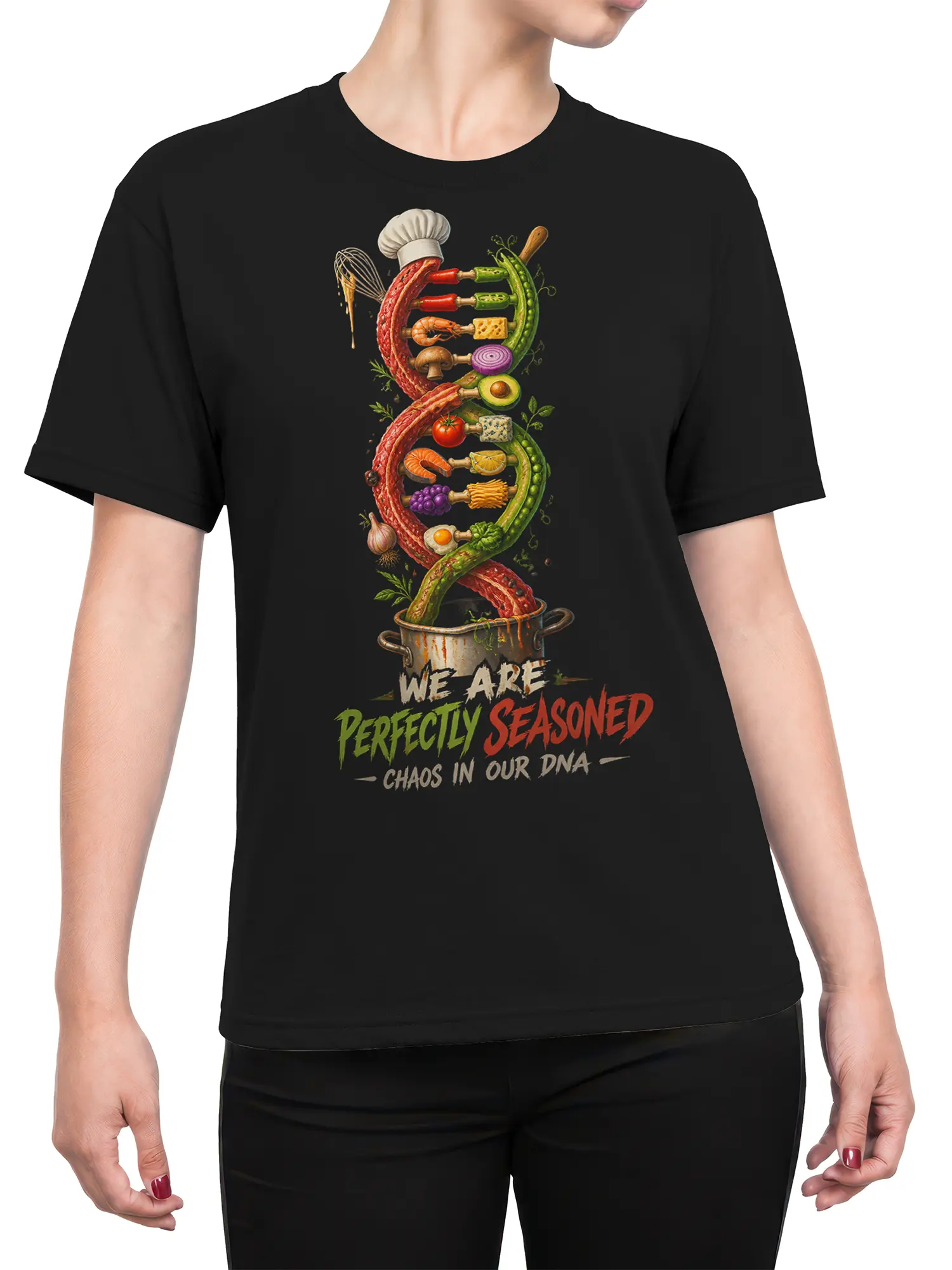 Female torso wearing a black food graphic tee with colorful DNA ingredients and a perfectly seasoned cooking slogan