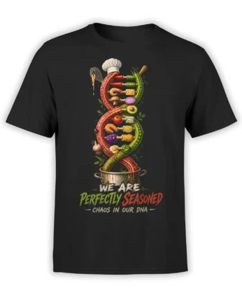Black food T-shirt with colorful culinary DNA helix, chef hat, cooking pot, and perfectly seasoned slogan