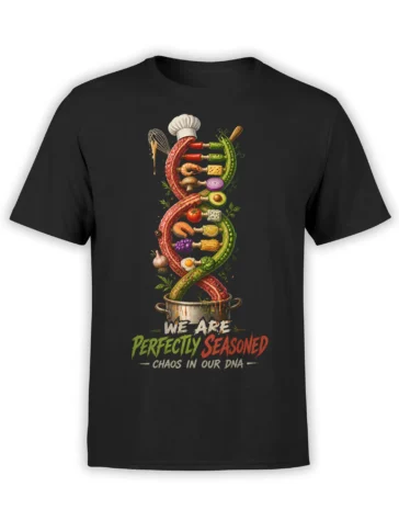 Black food T-shirt with colorful culinary DNA helix, chef hat, cooking pot, and perfectly seasoned slogan