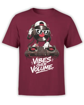 Anthropomorphic vinyl record DJ in headphones and lightning sunglasses on a burgundy music T-shirt