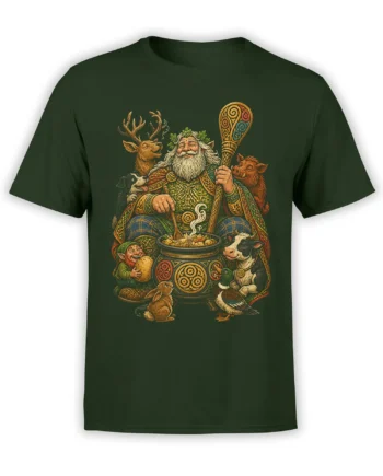 Dark green fantasy T-shirt with a bearded forest elder, ornate staff, cauldron, elf, and woodland animals