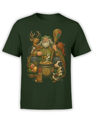 Dark green fantasy T-shirt with a bearded forest elder, ornate staff, cauldron, elf, and woodland animals
