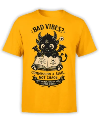 Orange T-shirt with a cute black demon cat, bat wings, magic book, and custom sigil artwork
