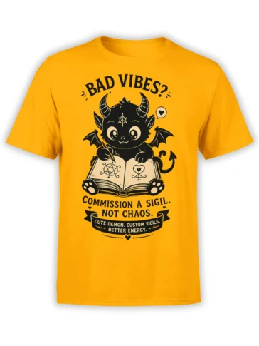 Orange T-shirt with a cute black demon cat, bat wings, magic book, and custom sigil artwork