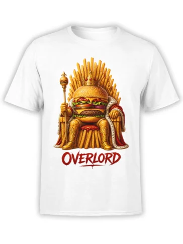 White burger t-shirt with a crowned cheeseburger ruler seated on a throne of golden fries