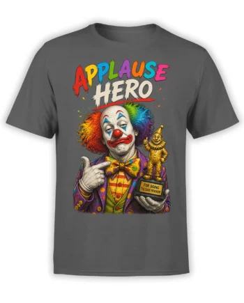 Colorful clown graphic with “APPLAUSE HERO” text and a bare minimum trophy on a gray T-shirt