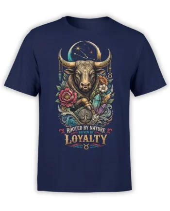 Majestic Taurus bull graphic with flowers, crystals, celestial symbols, and loyalty text on a navy T-shirt