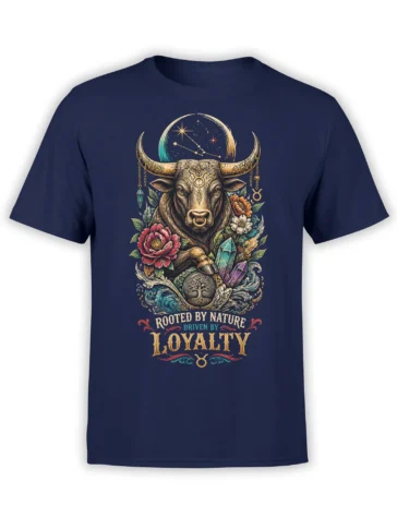 Majestic Taurus bull graphic with flowers, crystals, celestial symbols, and loyalty text on a navy T-shirt
