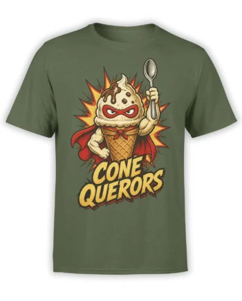 Green ice cream superhero T-shirt featuring a masked cone, spoon, red cape, and bold CONE QUERORS lettering
