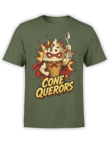 Green ice cream superhero T-shirt featuring a masked cone, spoon, red cape, and bold CONE QUERORS lettering