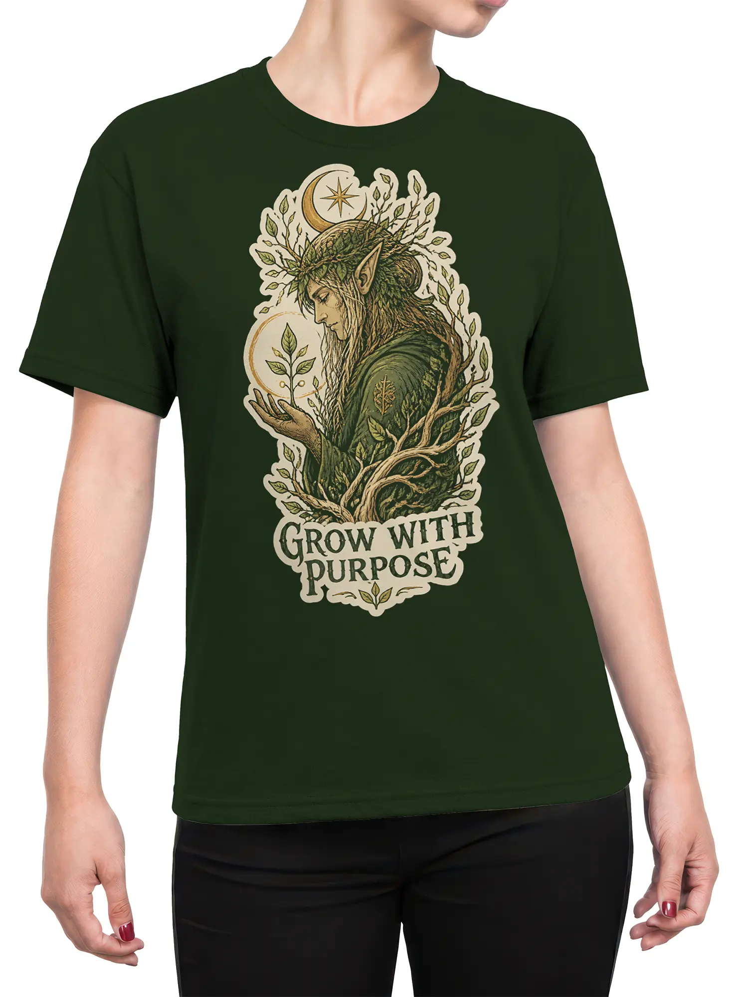 Female torso wearing a green T-shirt with a woodland elf and “Grow With Purpose” fantasy design